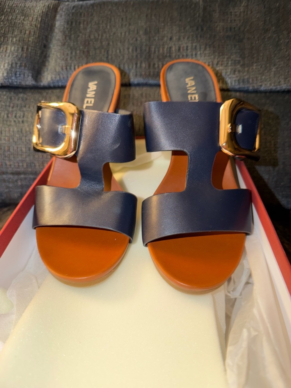 Vaneli Navy Leather Slide Sandals with Gold Buckles